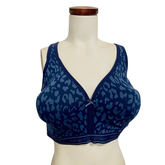 Cacique Navy & Light Blue Animal Print Wire Free Lightly Lined Bra Sz 44D - Picture 1 of 6